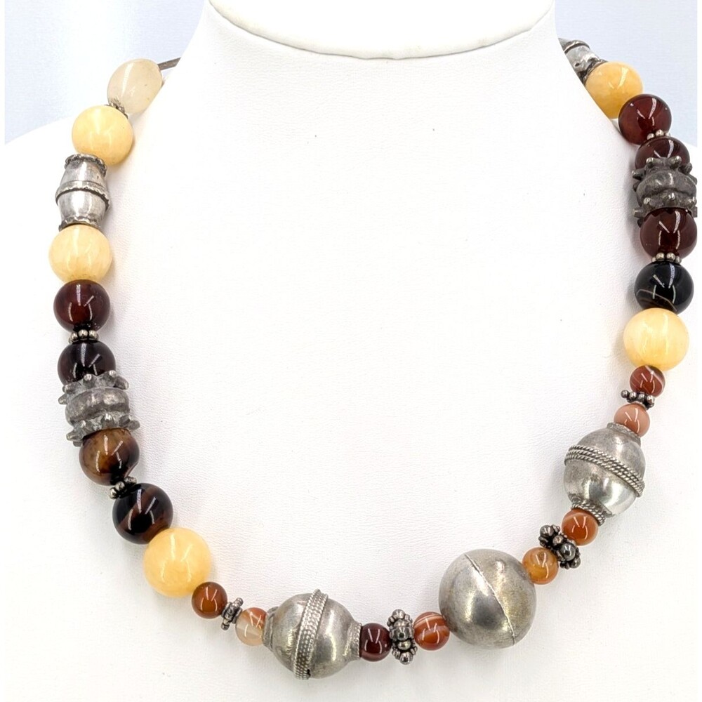 Vintage 21in Necklace Sterling Silver Jadeite Garnet Bead 8-15mm 126g Toggle Bar